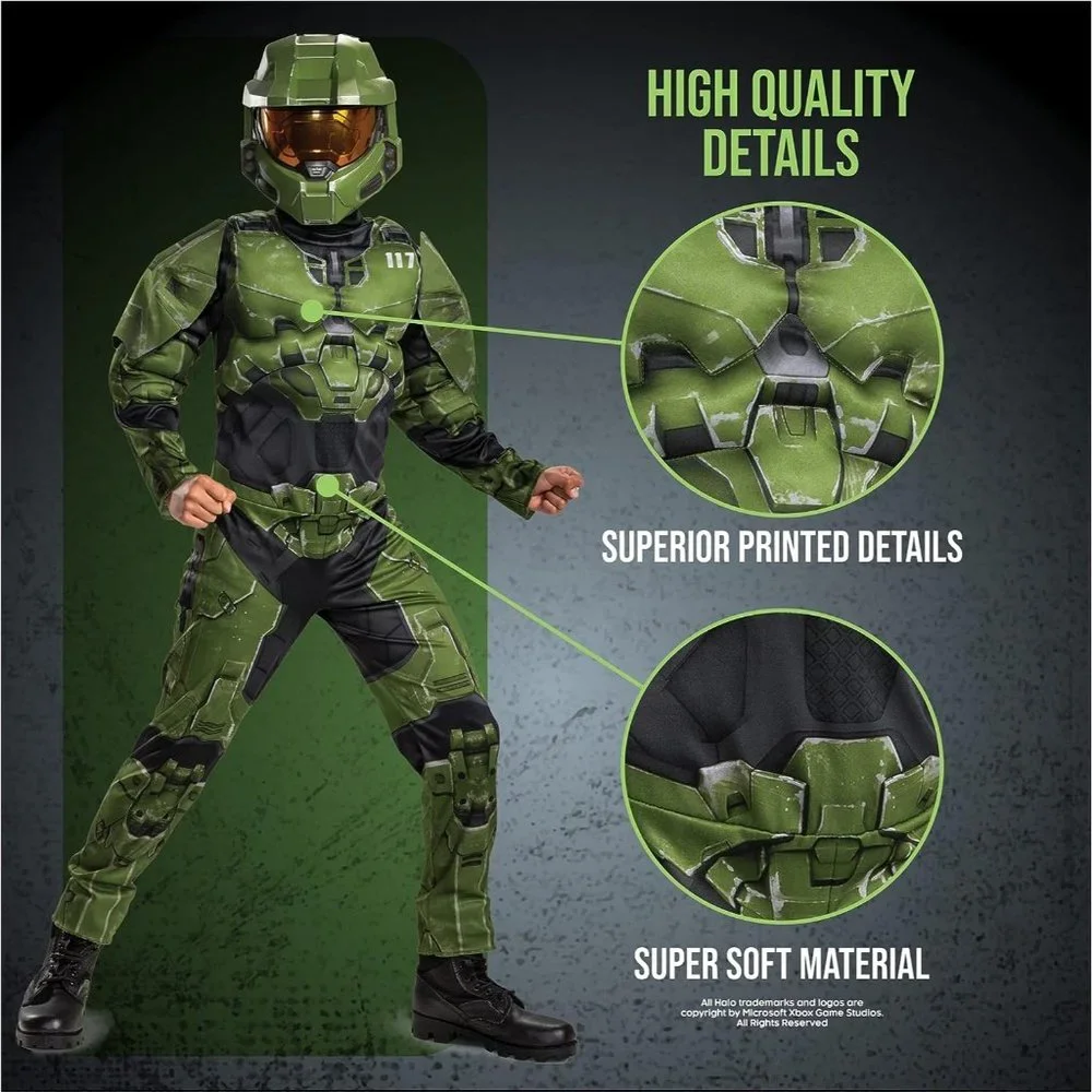 NWT Halo Infinite Master Chief Padded Muscle Light Up Mask & Video Game Jumpsuit